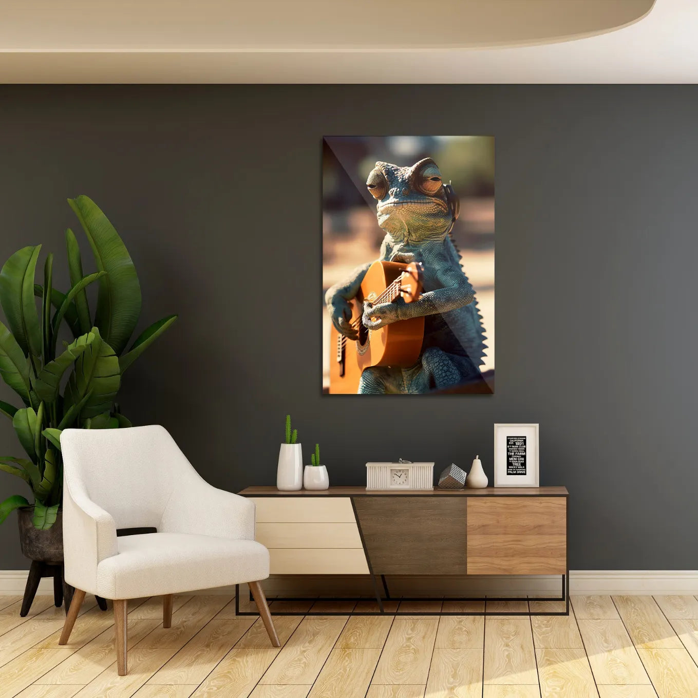 Chameleon playing ukulele