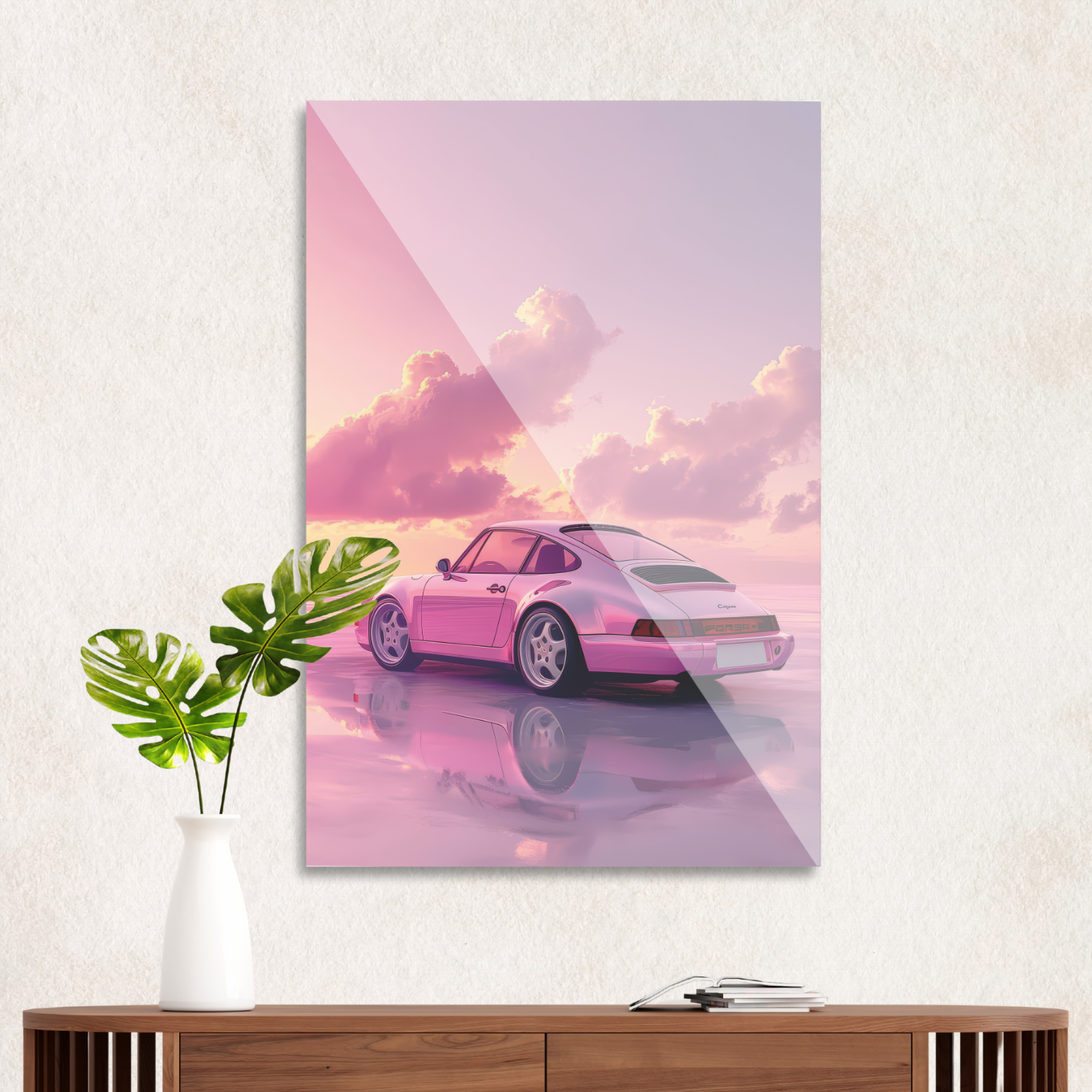 Lyserød Porsche i solnedgang