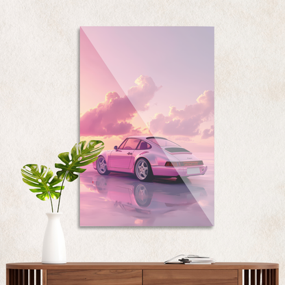 Lyserød Porsche i solnedgang