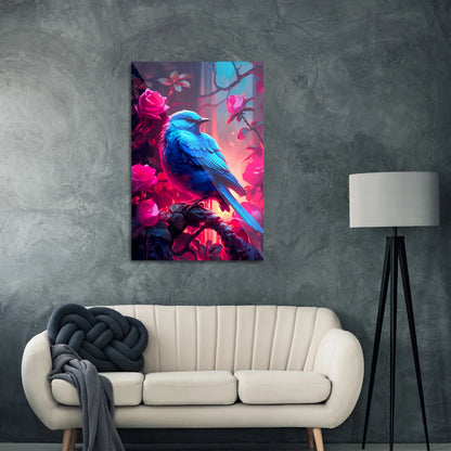 Blå fugl i rosenbusk