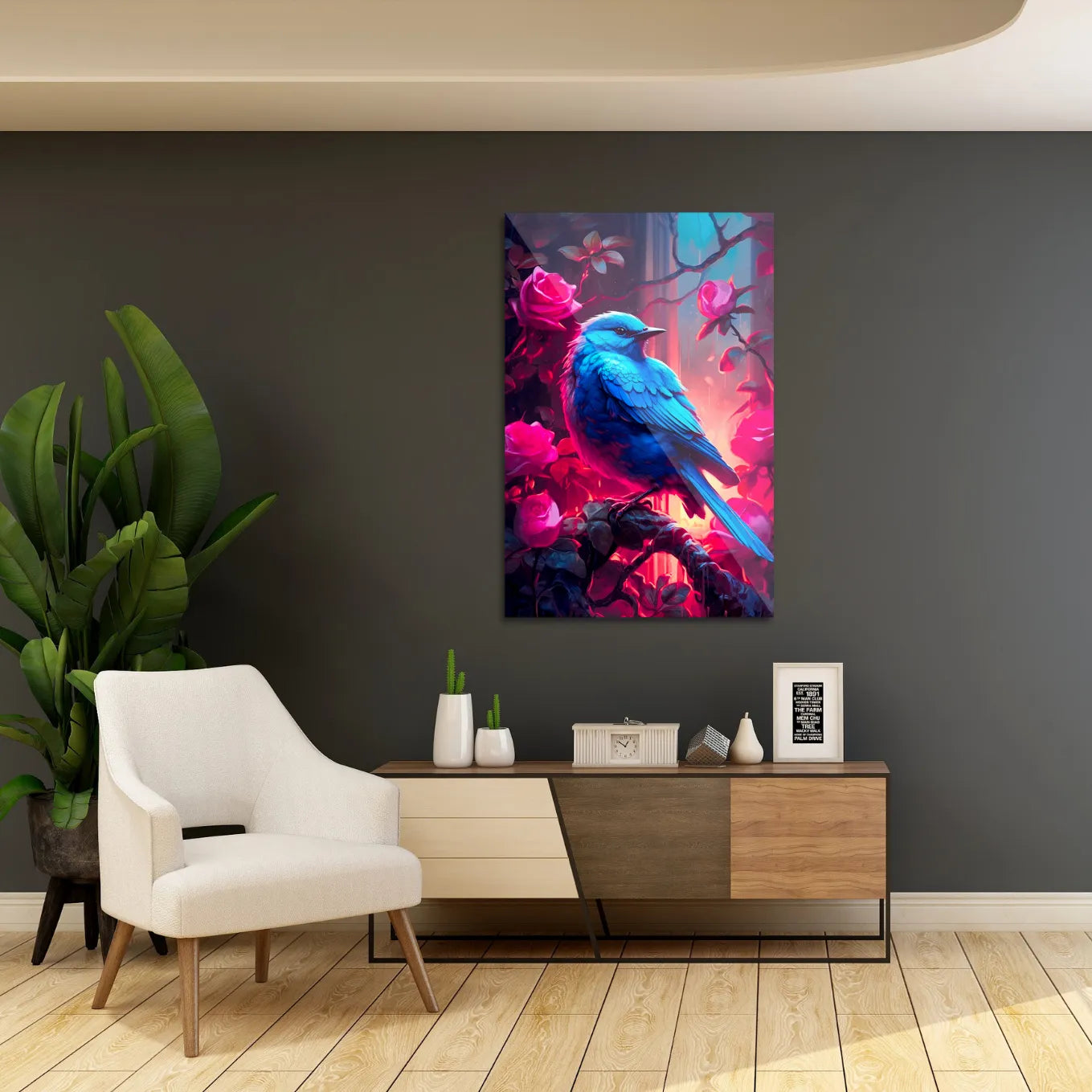 Blå fugl i rosenbusk