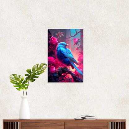 Blå fugl i rosenbusk