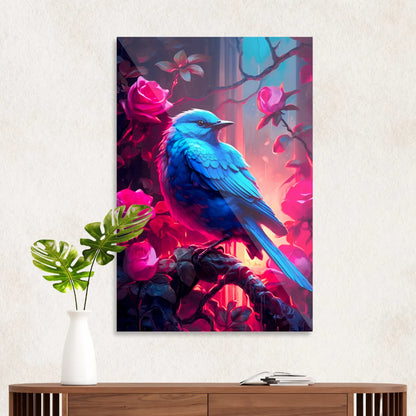 Blå fugl i rosenbusk