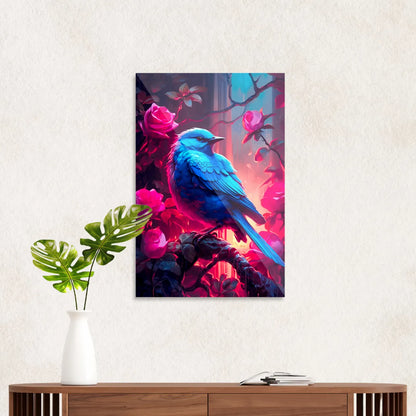 Blå fugl i rosenbusk