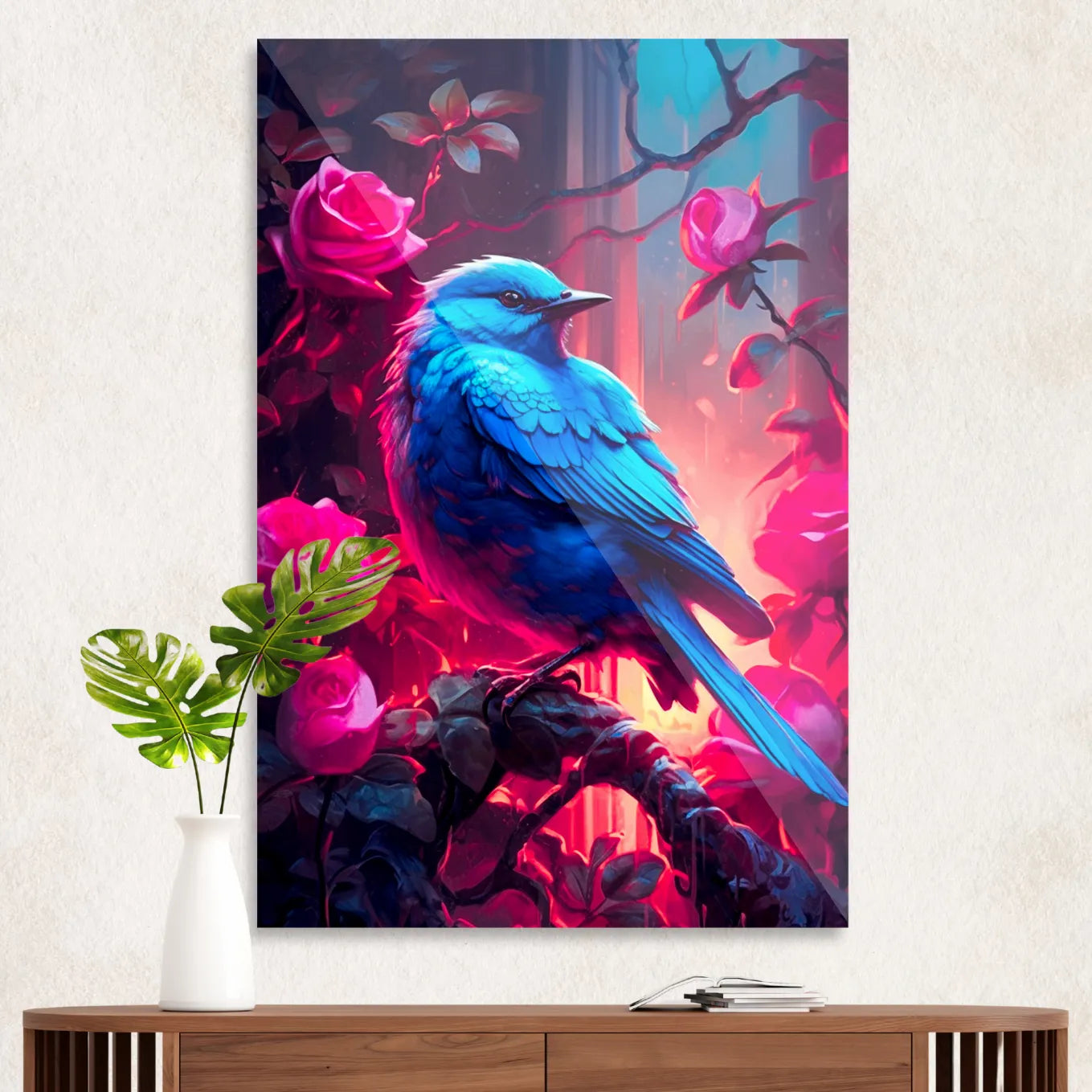 Blå fugl i rosenbusk