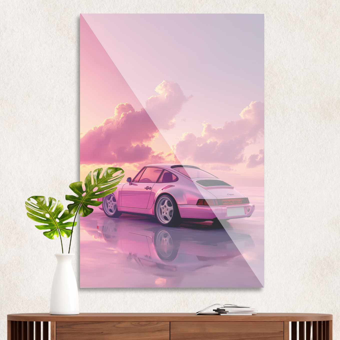 Lyserød Porsche i solnedgang