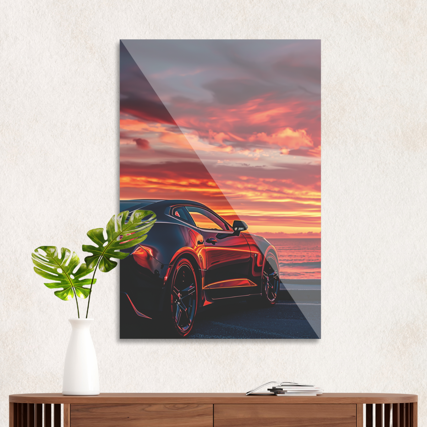 Sportsvogn i solnedgang